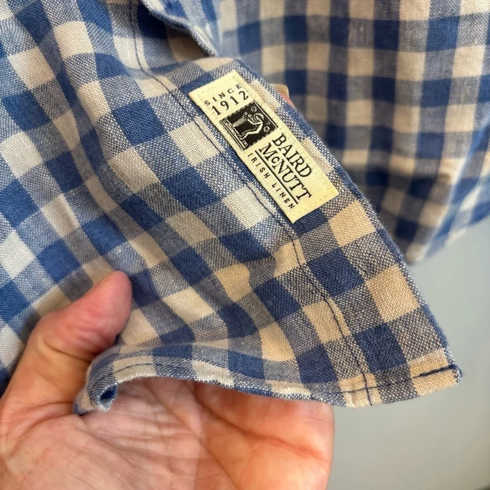 J. Crew Large Baird McNutt Linen Button Down Shirt Blue White check